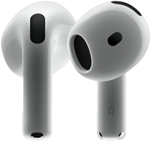 Vistas frontal e traseira dos AirPods 4 a mostrar o novo design