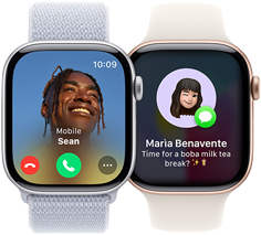 Um Apple Watch Series 10 a receber uma chamada e outro Apple Watch Series 10 a receber uma mensagem