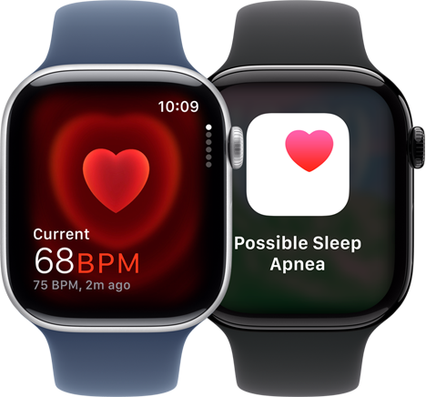 Dois dispositivos Apple Watch Series 10, um com a app Frequência cardíaca a mostrar a medição atual de 68 BPM e outro com o ecrã de notificação de apneia do sono.