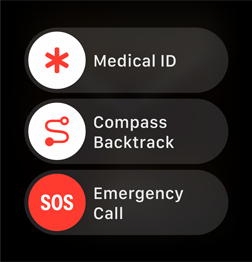 Ecrã com os niveladores de chamada de emergência, ficha médica e Regresso da app Bússola.