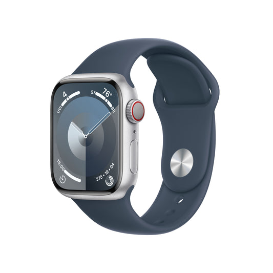 Apple_Watch_Series_9_LTE_41mm_Silver_Aluminum_Storm_Blue_Sport_Band_PDP_Image_Position-1__WWEN