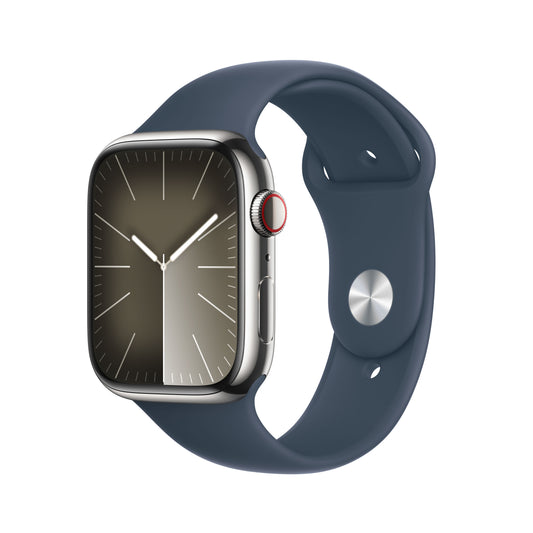 Apple_Watch_Series_9_LTE_45mm_Silver_Stainless_Steel_Storm_Blue_Sport_Band_PDP_Image_Position-1__WWEN