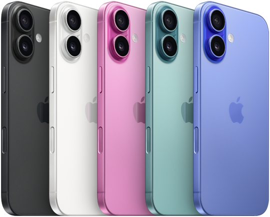 Vista traseira do iPhone 16, sistema de câmara dupla avançado em relevo, logótipo Apple no centro, nas cinco cores, preto, branco, rosa, verde azulado e ultramarino