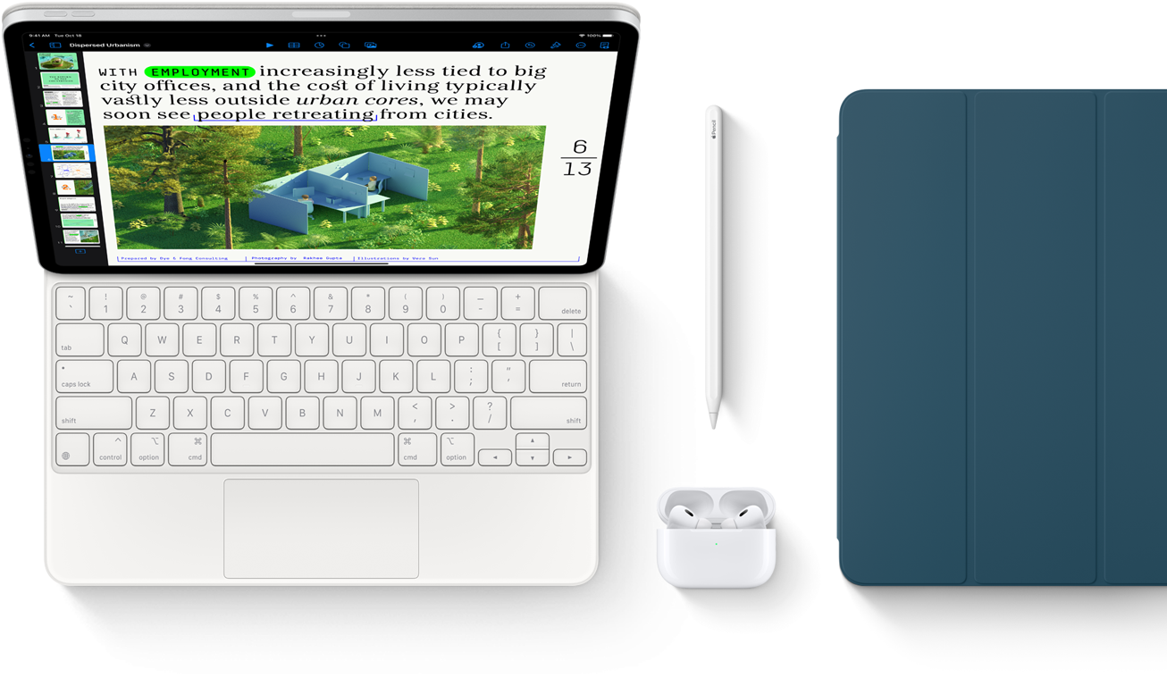 Smart Keyboard Folio, Apple Pencil, AirPods Pro e capa em azul‑marinho para iPad