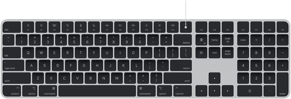 Cursor a mostrar o sensor do Touch ID no Magic Keyboard, acima da tecla Delete